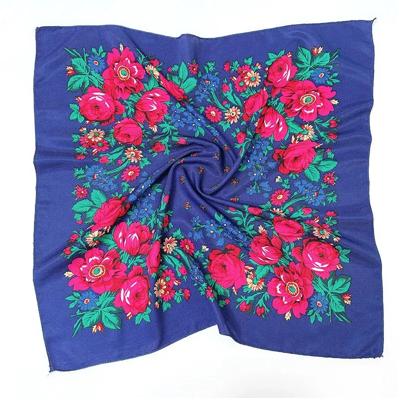 70*70cm Luxury Flowers Square Russian Scarf Women Floral Printed Shawl Female Bandana Head Wrap Headband Scarves Handkerchief