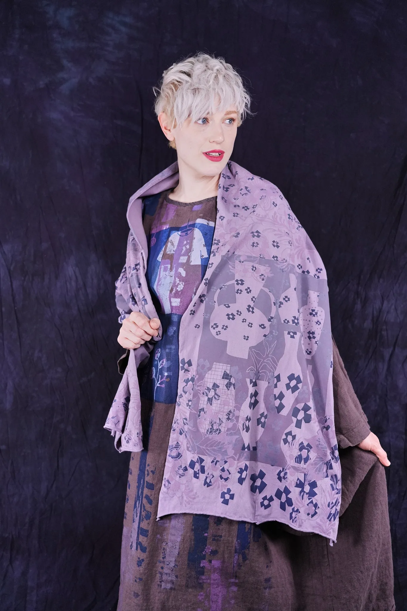8161 Hand Printed Organic Scarf Sea Fog-P