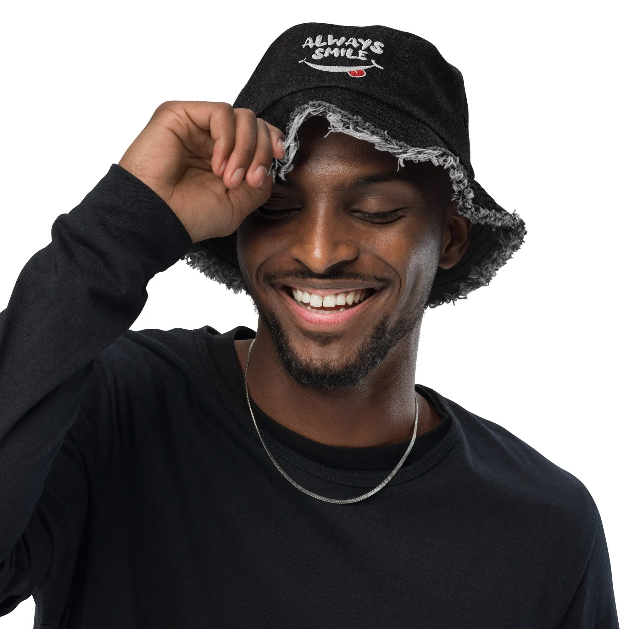 Always Smile Distressed denim bucket hat