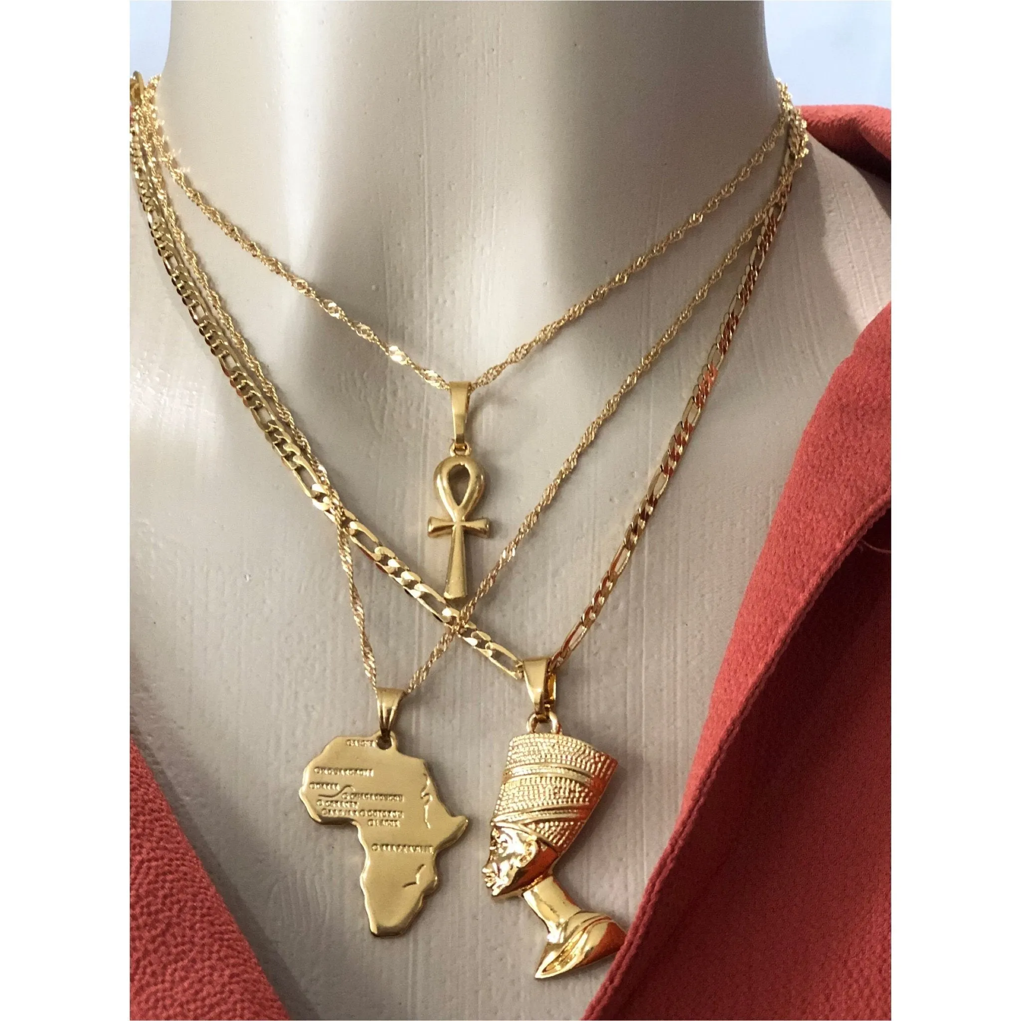 ANKH NECKLACE 24k gold, nefertiti necklace ,africa map necklace 3 piece set,anhk necklace,ankh,ankh,men ankh necklace ,father day gift