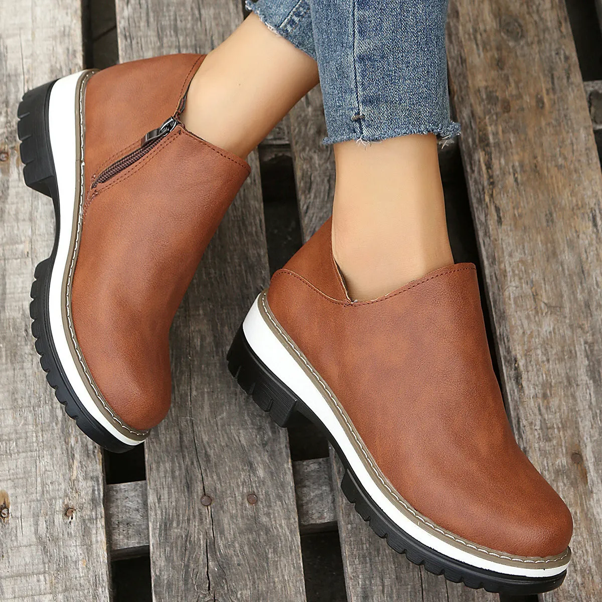 Ankle Boots Round Toe Low Heel Zipper Shoes