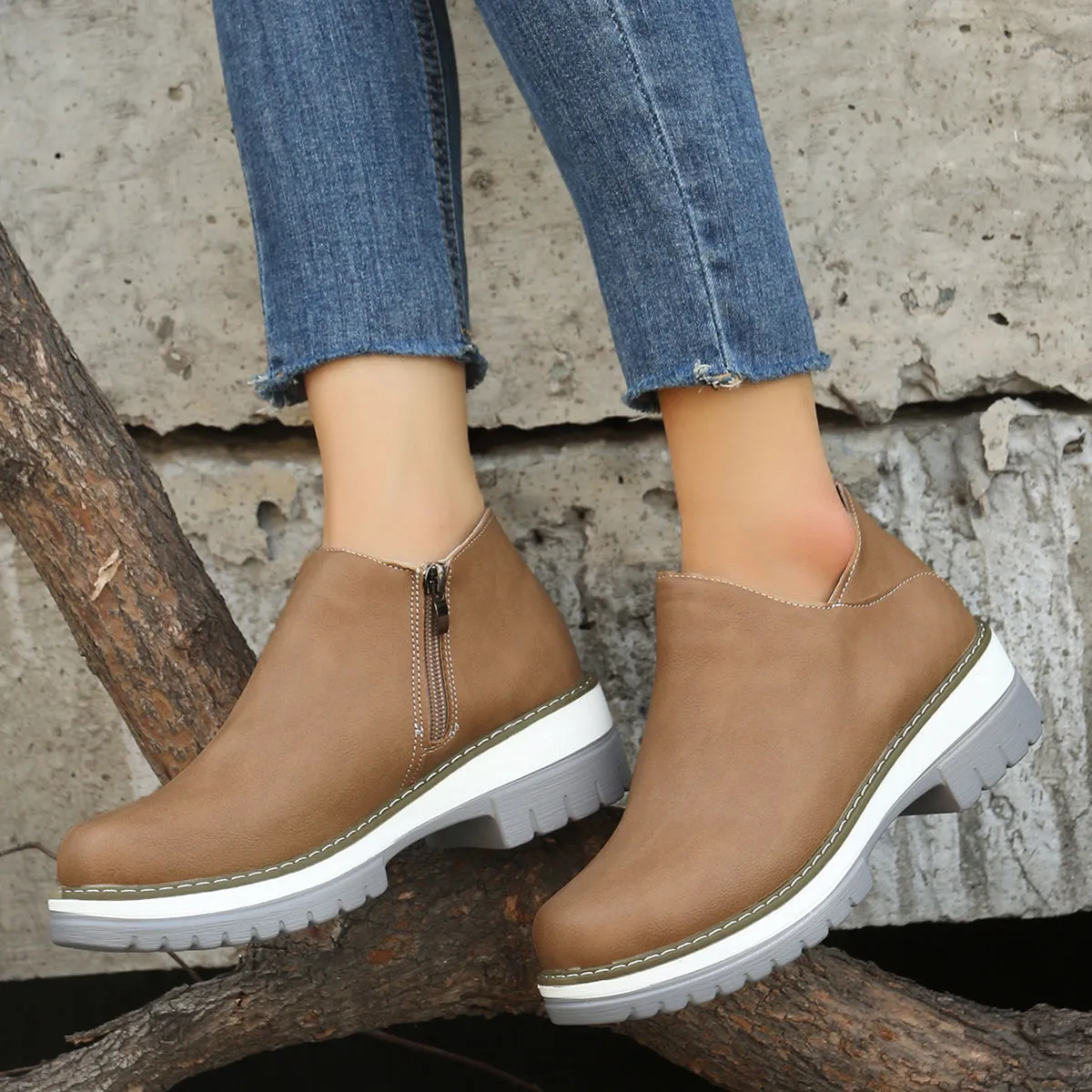 Ankle Boots Round Toe Low Heel Zipper Shoes