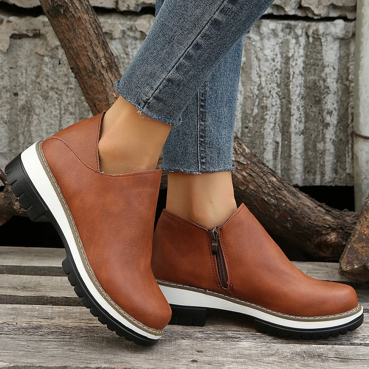 Ankle Boots Round Toe Low Heel Zipper Shoes