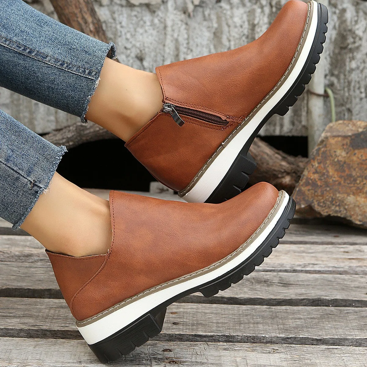 Ankle Boots Round Toe Low Heel Zipper Shoes