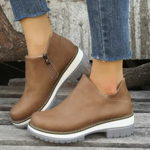 Ankle Boots Round Toe Low Heel Zipper Shoes