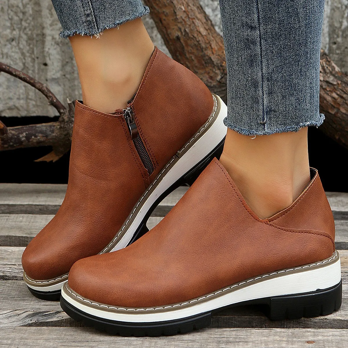 Ankle Boots Round Toe Low Heel Zipper Shoes