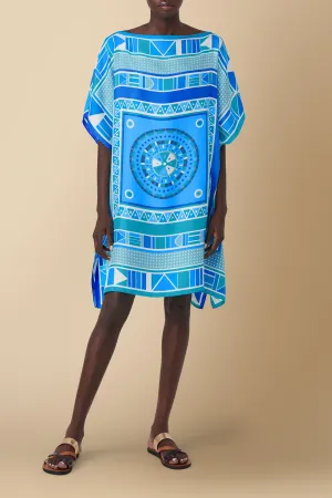 Beadwork Printed Silk Twill Kaftan Dress Coverup in Blue
