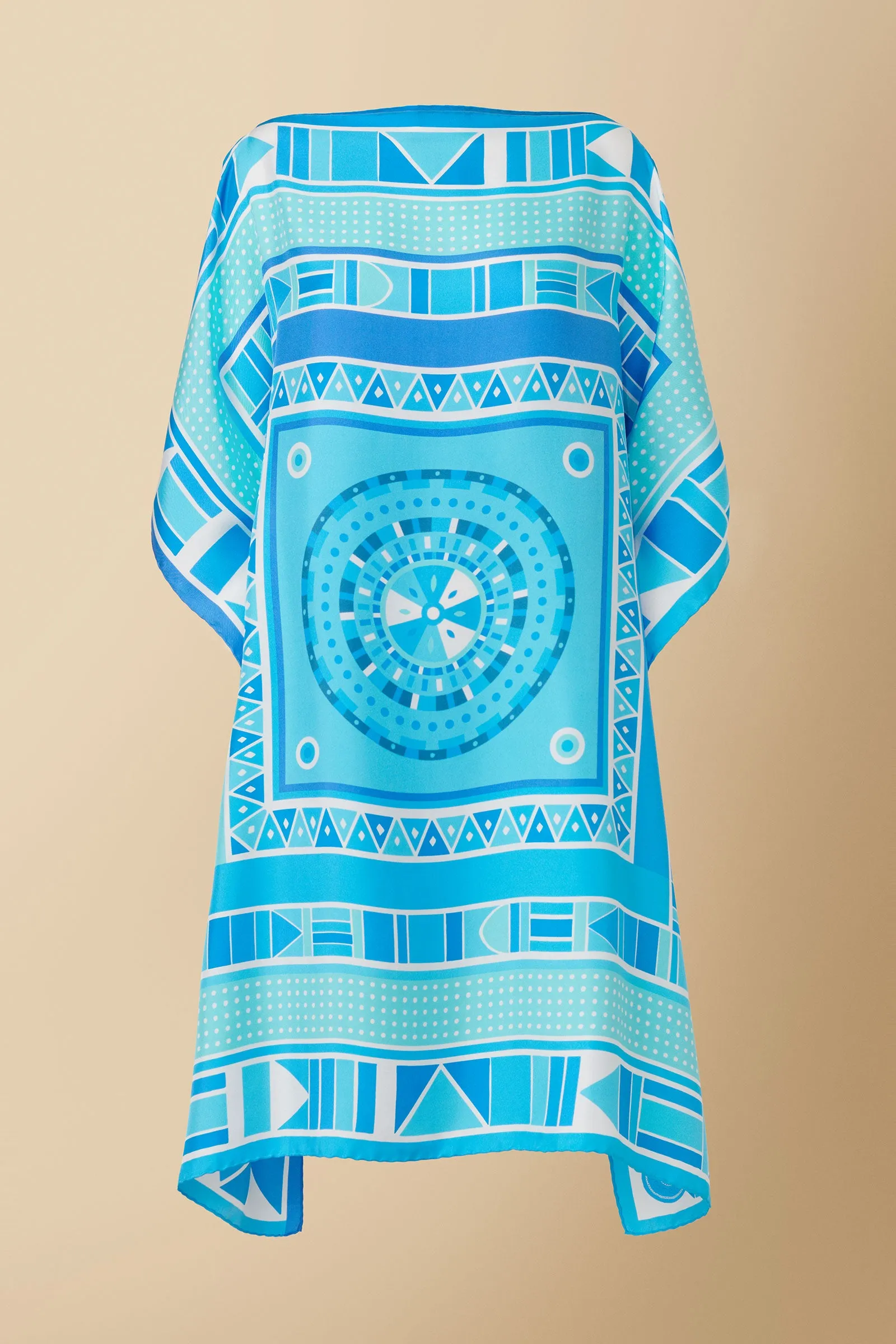 Beadwork Printed Silk Twill Kaftan Dress Coverup in Blue