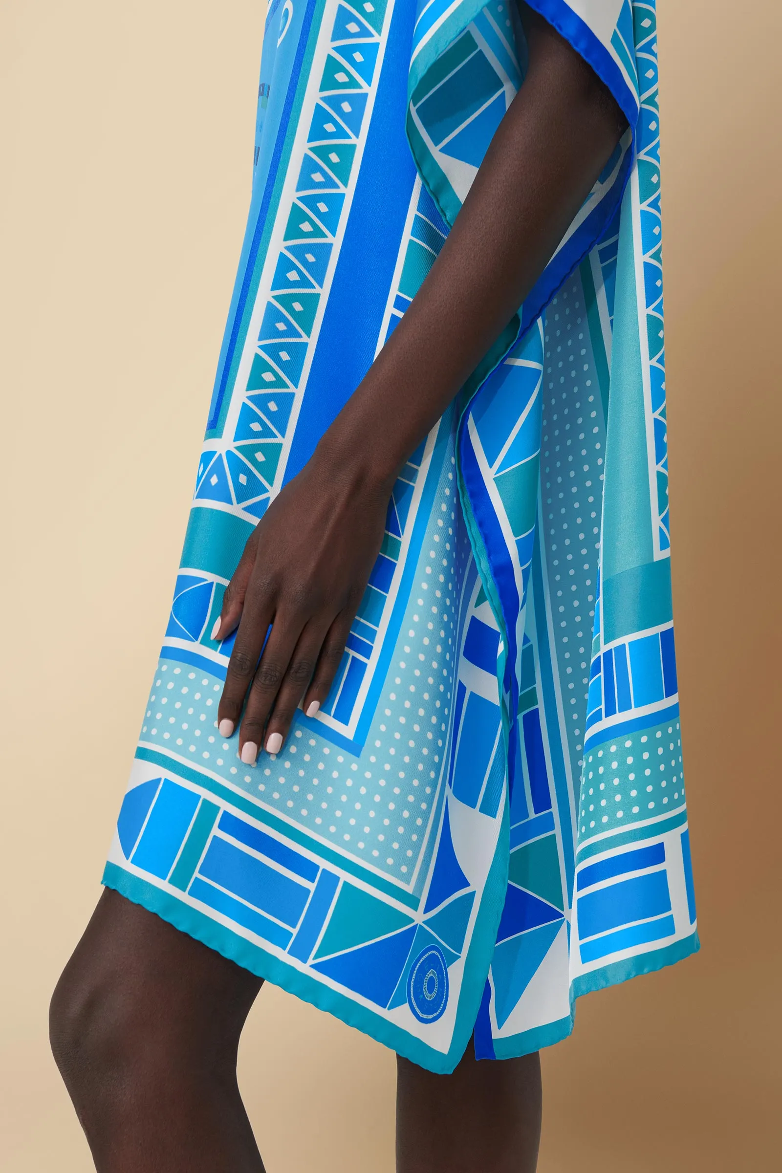 Beadwork Printed Silk Twill Kaftan Dress Coverup in Blue