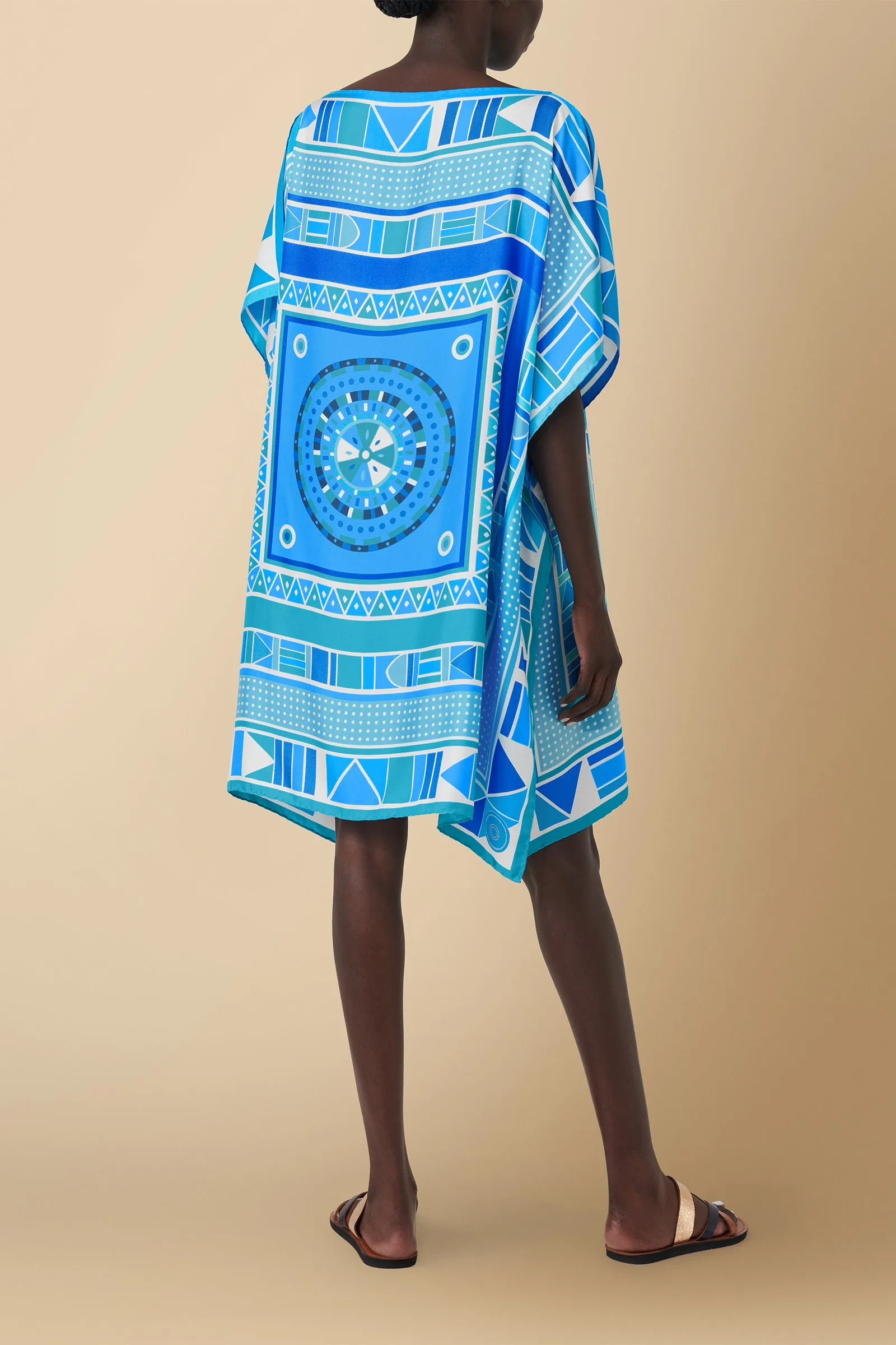 Beadwork Printed Silk Twill Kaftan Dress Coverup in Blue