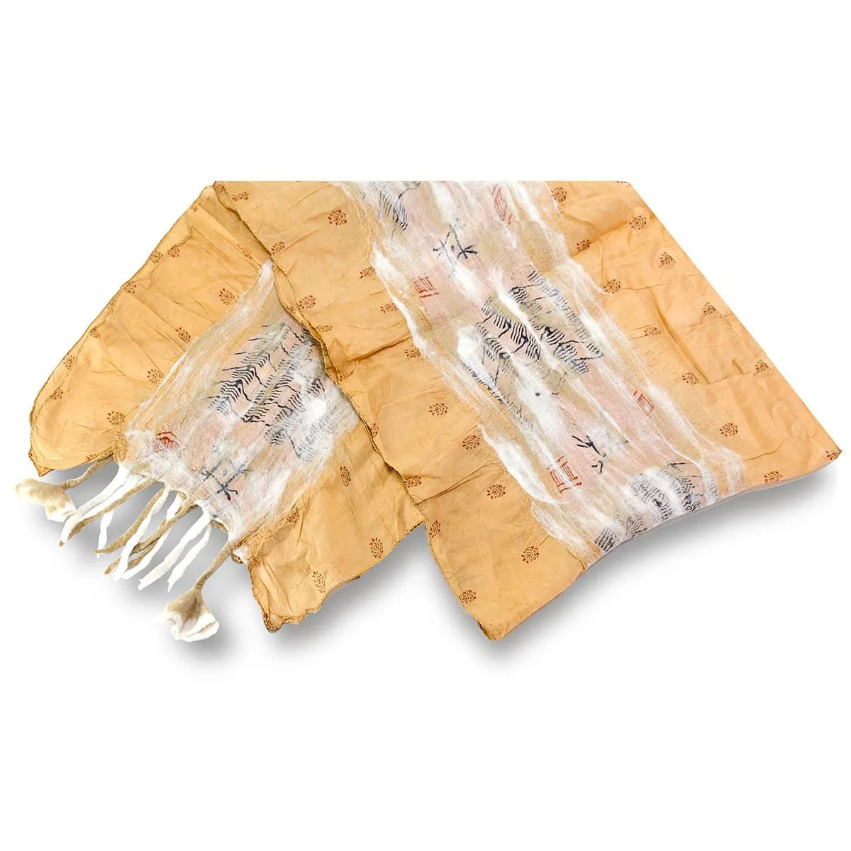 Beige Felt and Saree Vintage Scarves with Flower Hanging