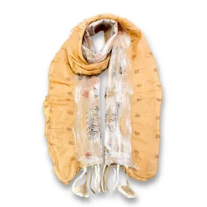 Beige Felt and Saree Vintage Scarves with Flower Hanging