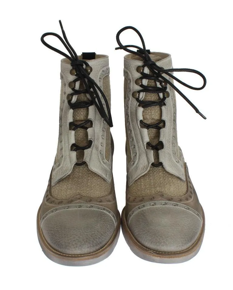 Beige Leather Linen Above Ankle Boots