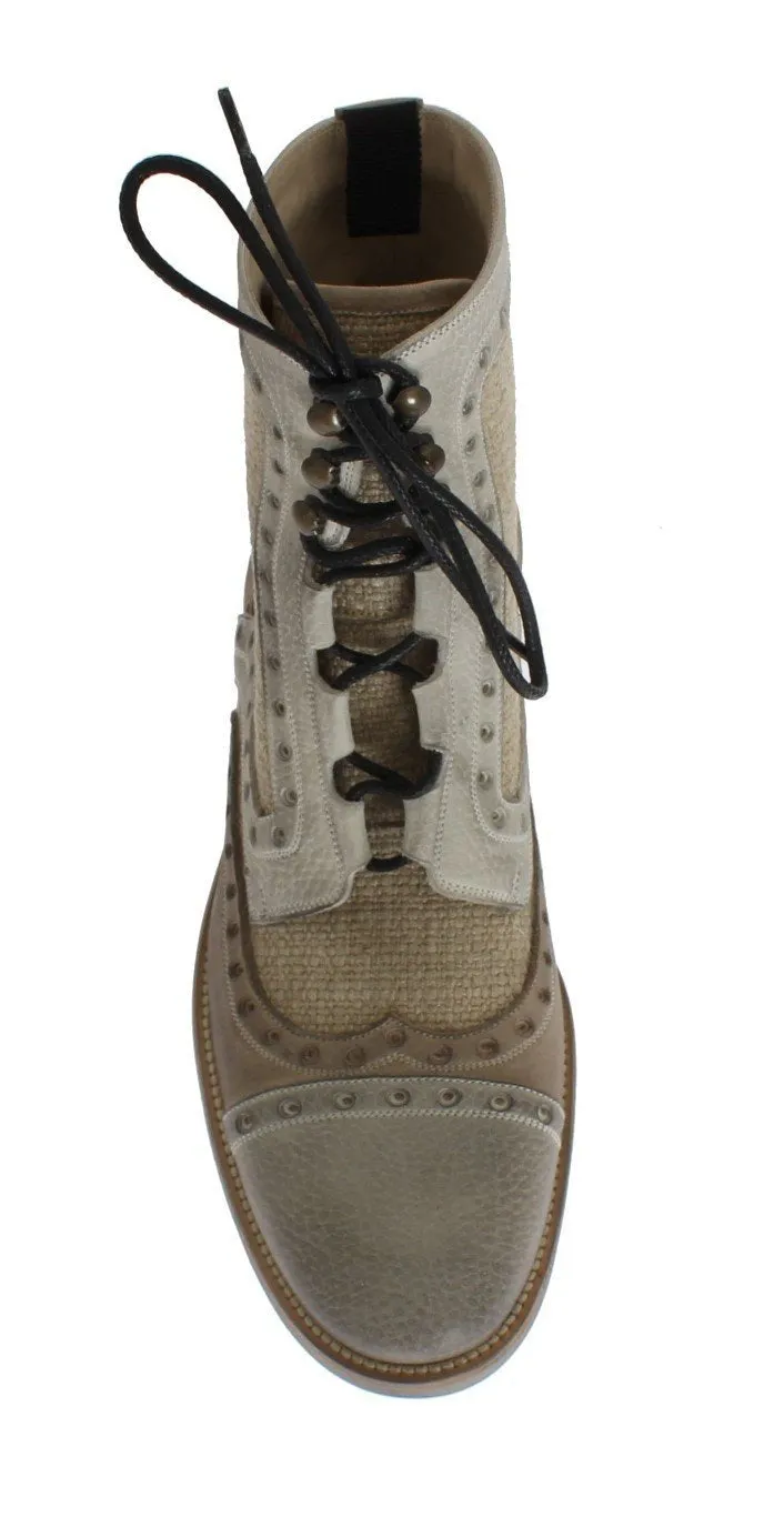 Beige Leather Linen Above Ankle Boots