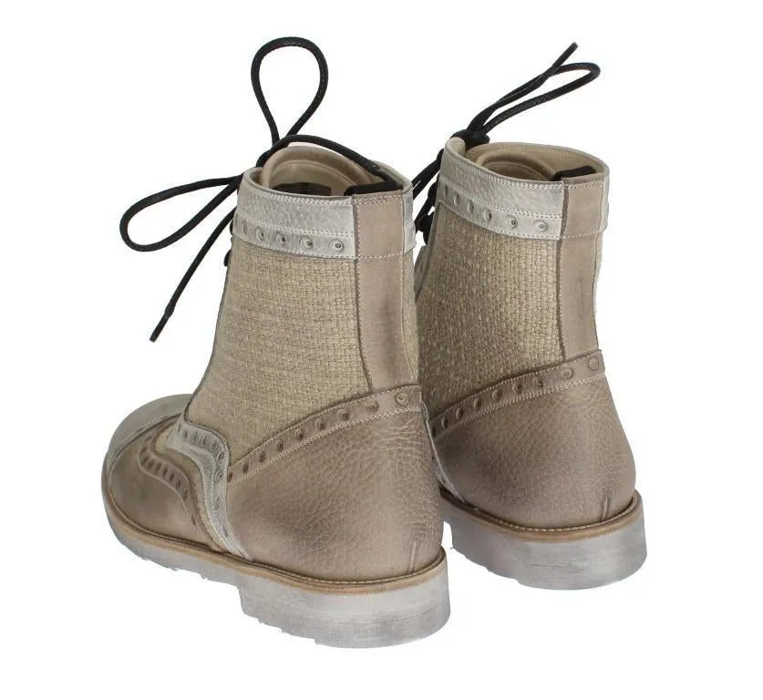 Beige Leather Linen Above Ankle Boots