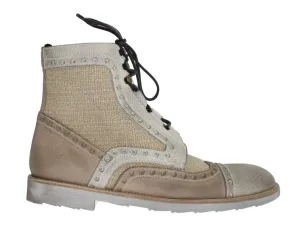 Beige Leather Linen Above Ankle Boots