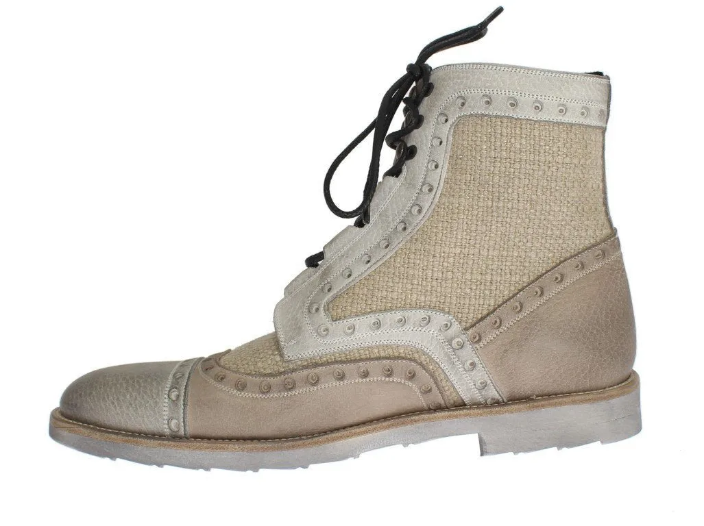 Beige Leather Linen Above Ankle Boots