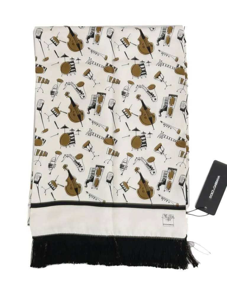 Beige Silk Gold Music Print Scarf