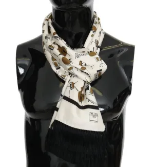 Beige Silk Gold Music Print Scarf