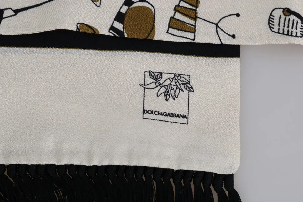 Beige Silk Gold Music Print Scarf