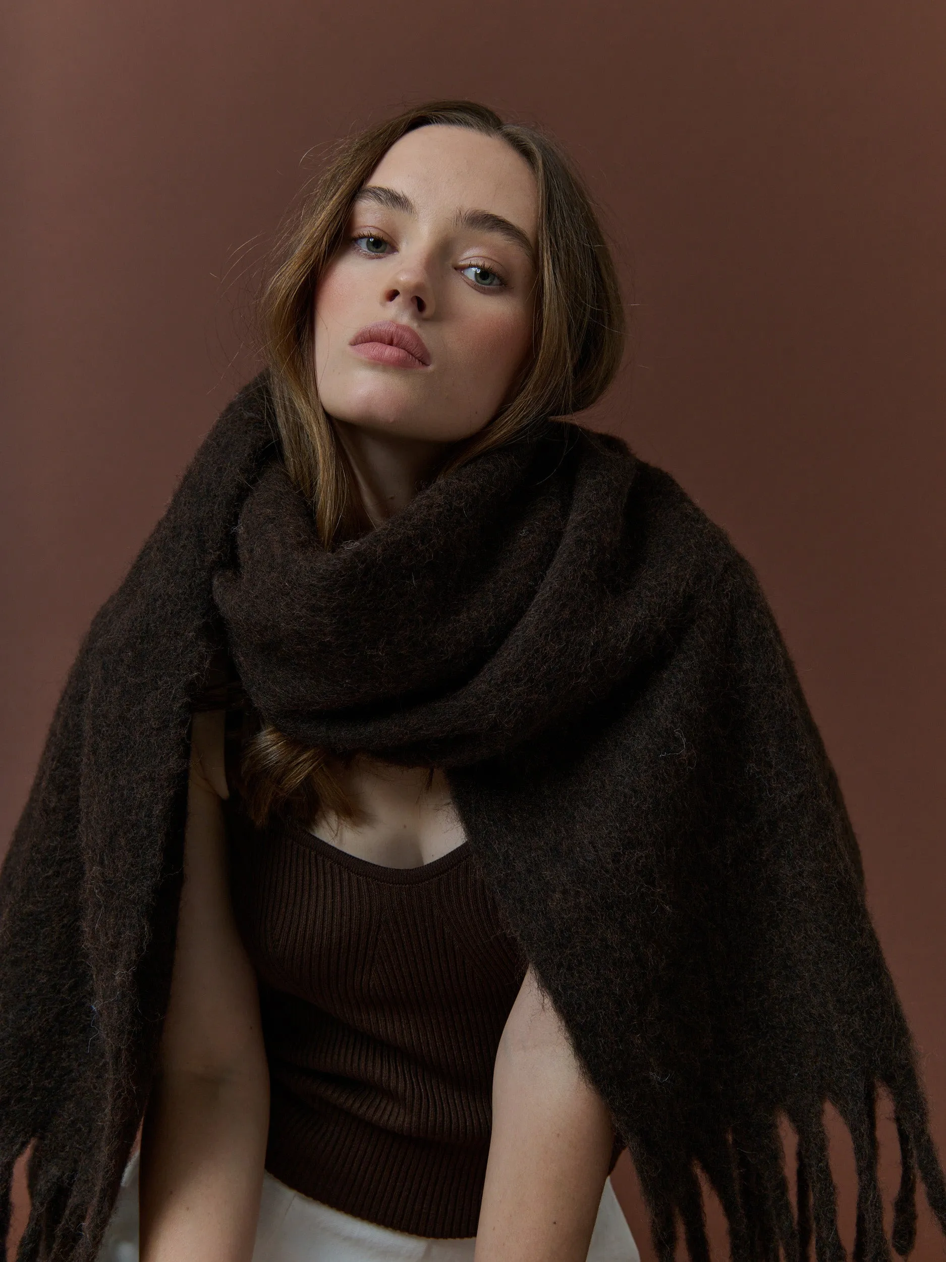 Betty Wool Plain Fluffy Scarf in Brown