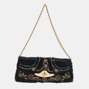 Black Calfhair Crystal Embellished Turnlock Clutch