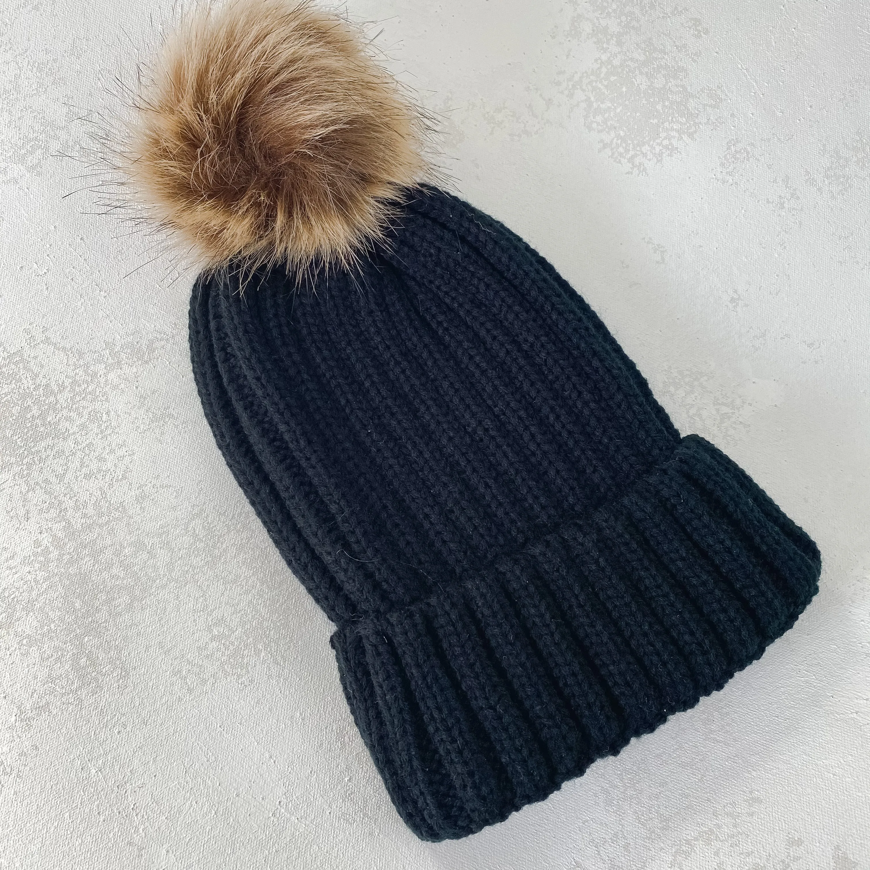 Black Faux Fur Pom Beanie