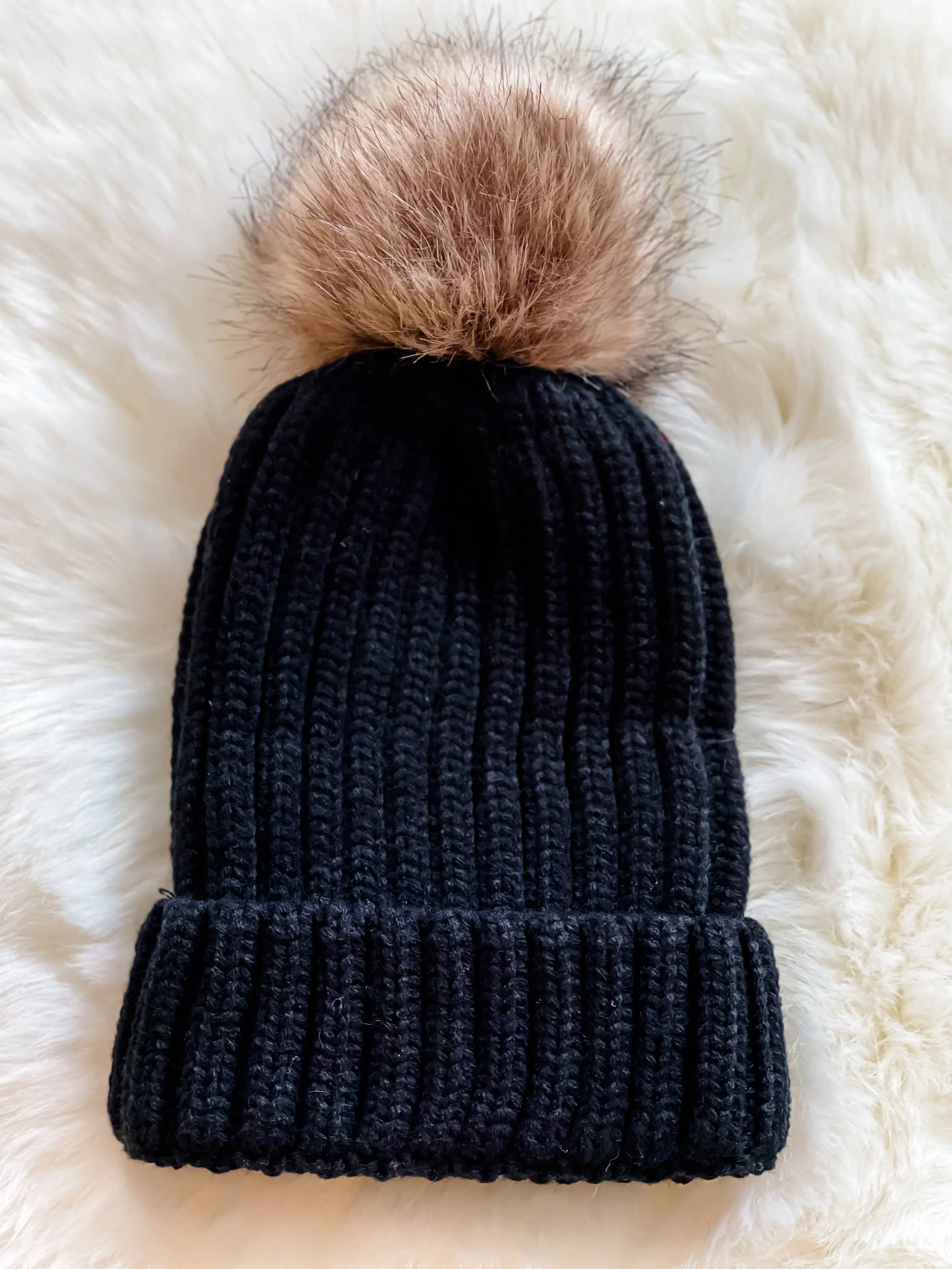 Black Faux Fur Pom Beanie