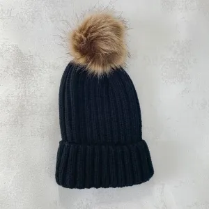 Black Faux Fur Pom Beanie