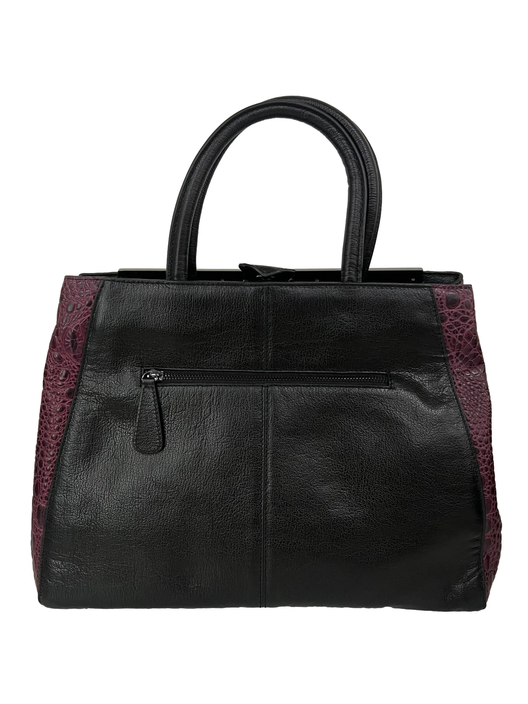 Black Leather Two Tone Satchel Handbag