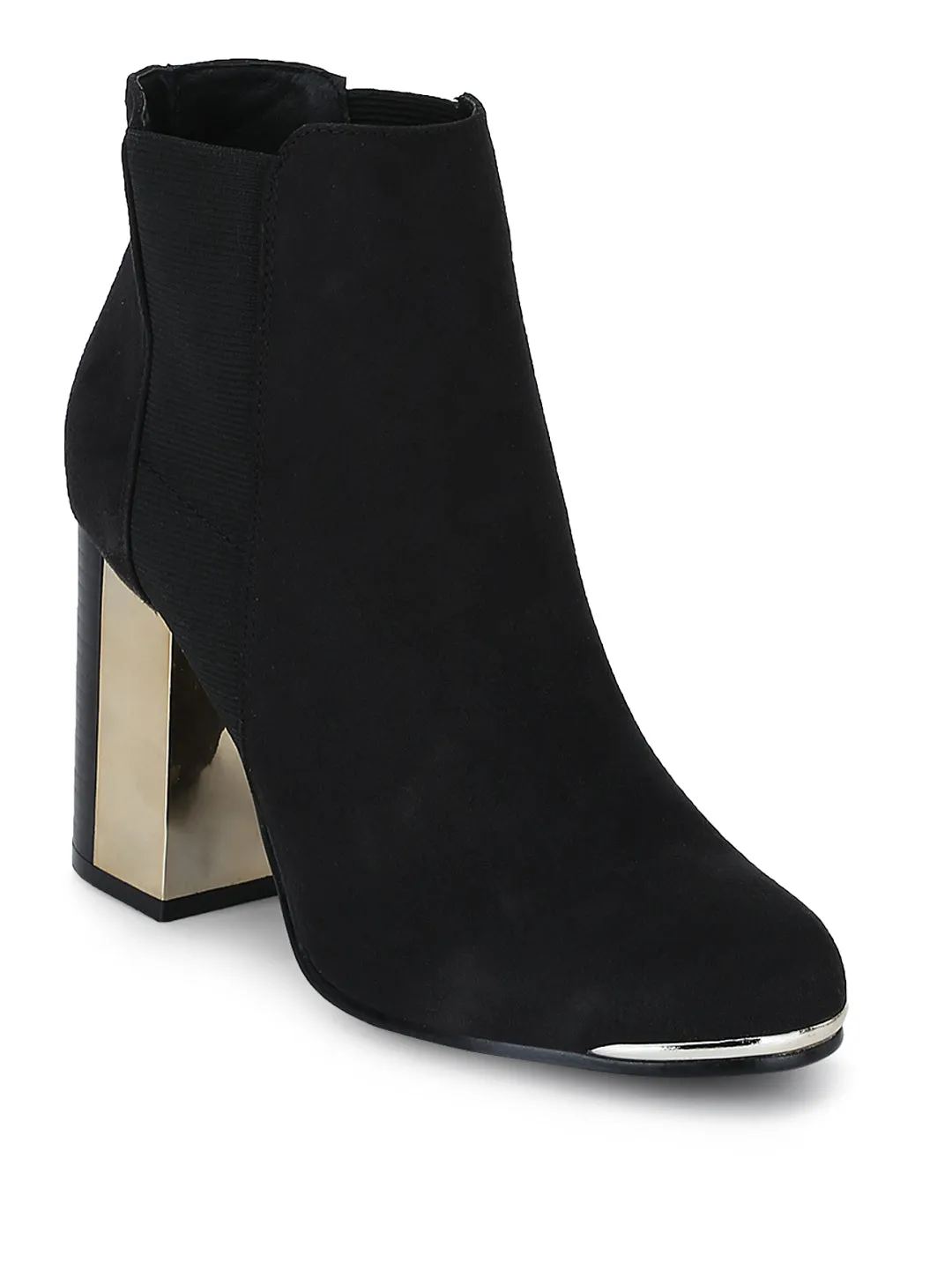 Black Micro Double Shade Block Heel Ankle Length Boots