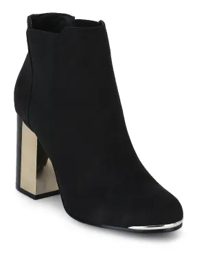 Black Micro Double Shade Block Heel Ankle Length Boots