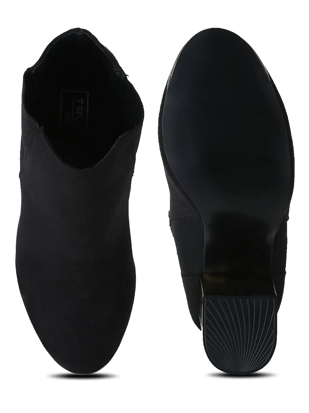 Black Micro Double Shade Block Heel Ankle Length Boots