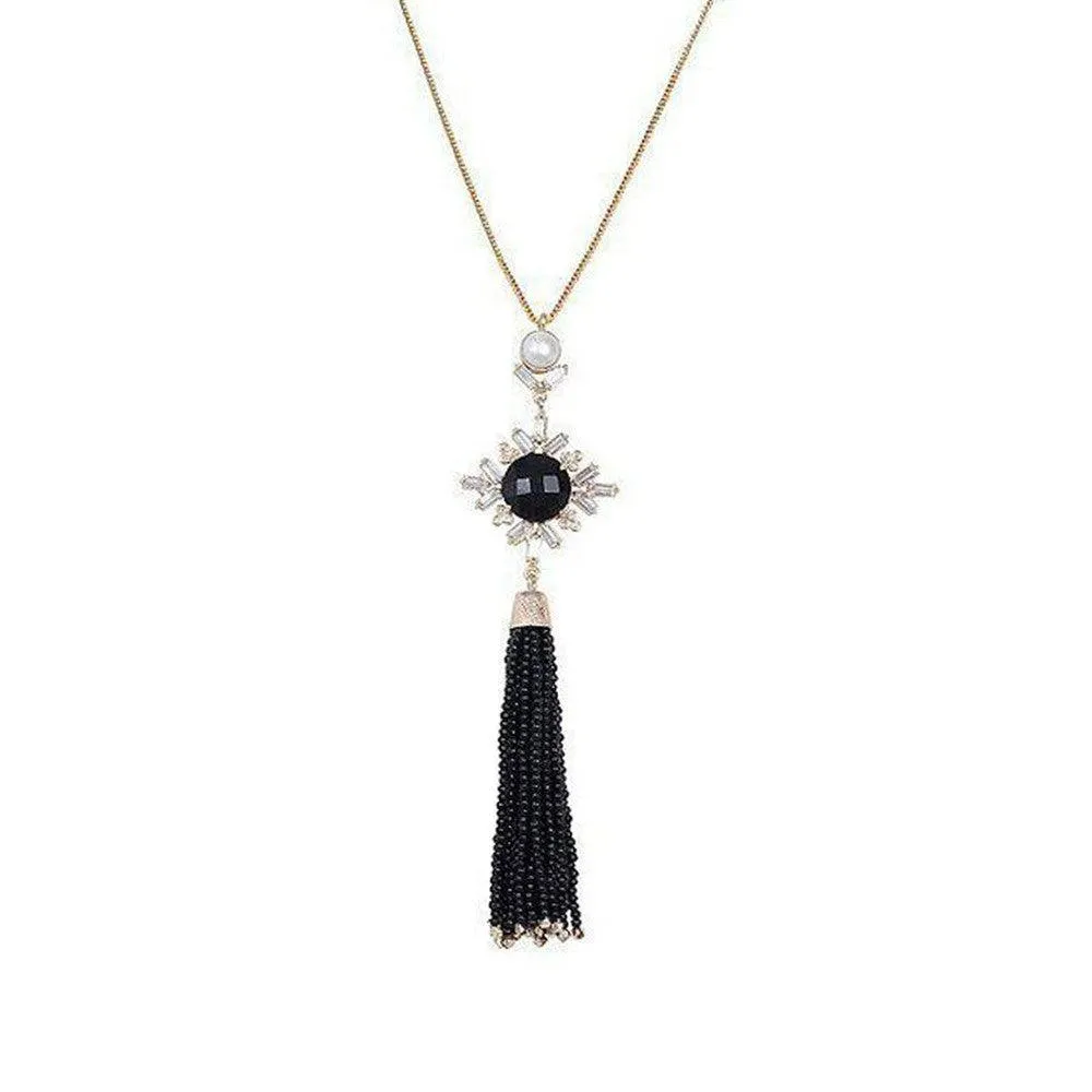 Black onyx and Pearl Tassel Necklace