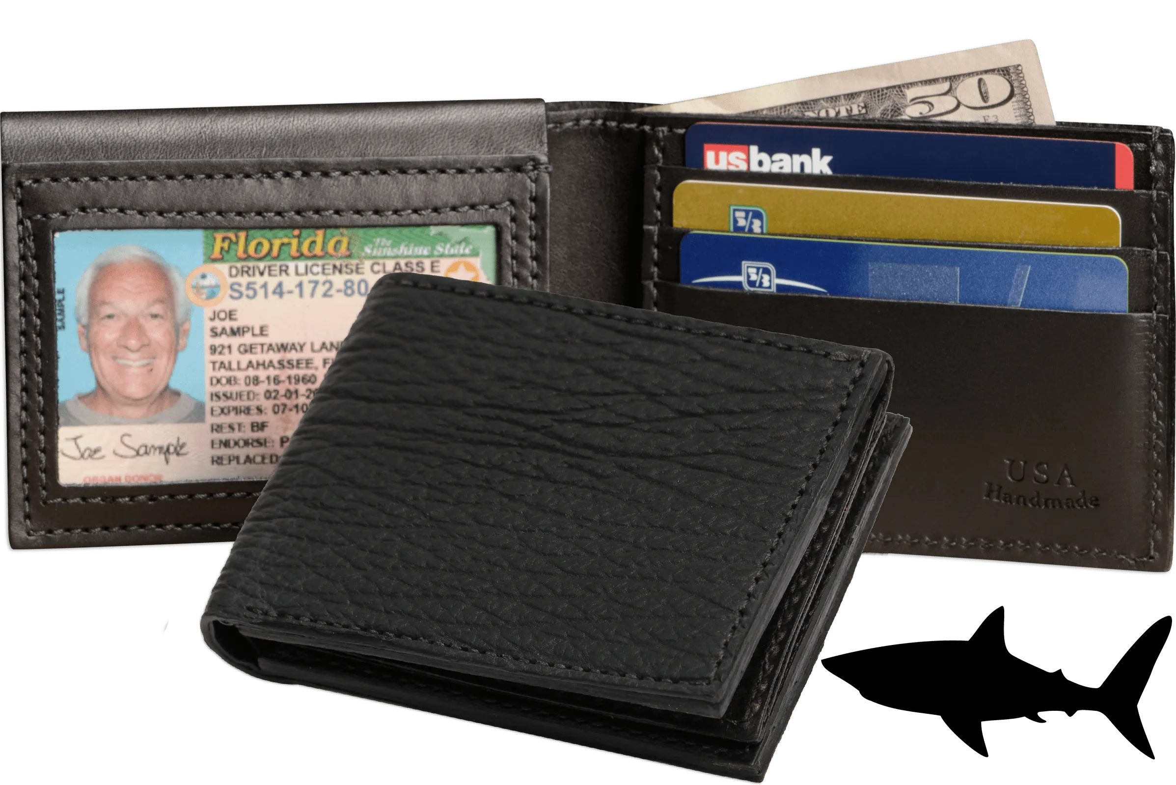 Black Shark Luxury Designer Exotic Bifold Wallet With Flip Up ID Window