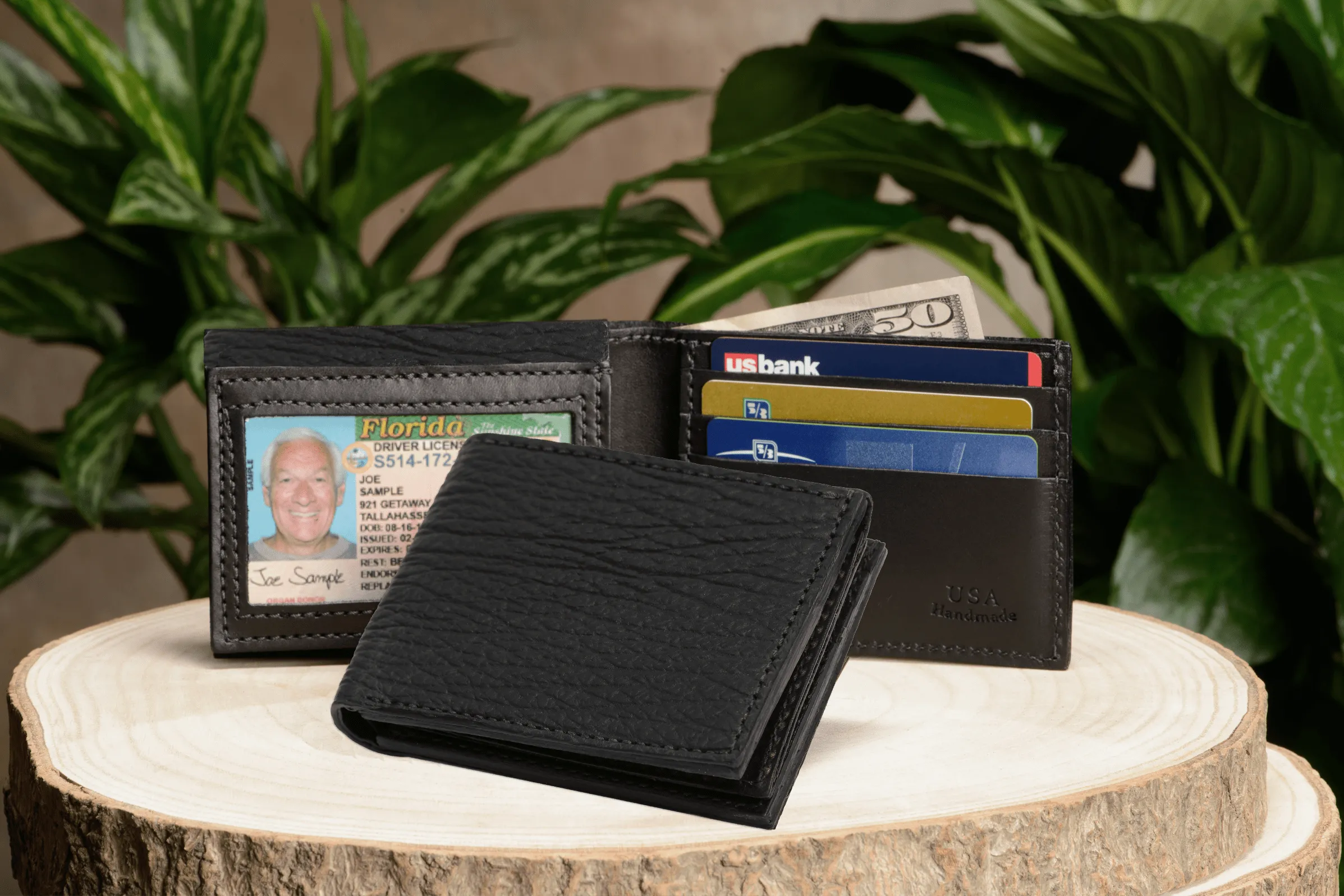 Black Shark Luxury Designer Exotic Bifold Wallet With Flip Up ID Window