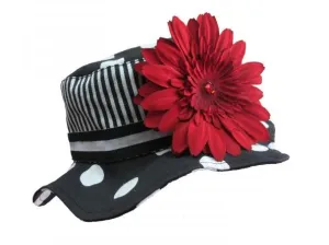 Black White Dot Sun Hat with Red Daisy