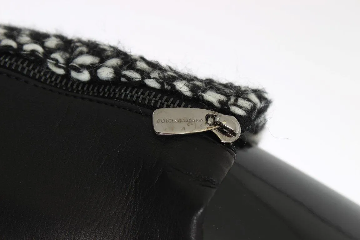 Black White Leather Wool Elbow Gloves