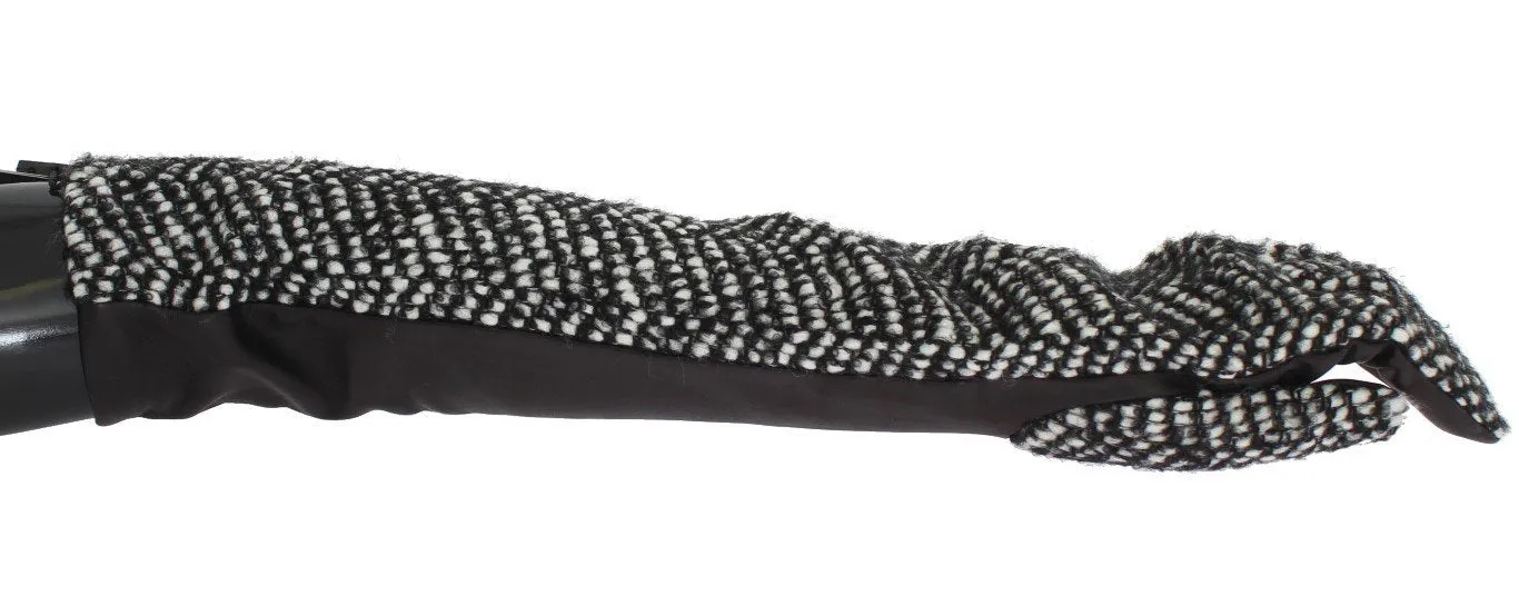 Black White Leather Wool Elbow Gloves