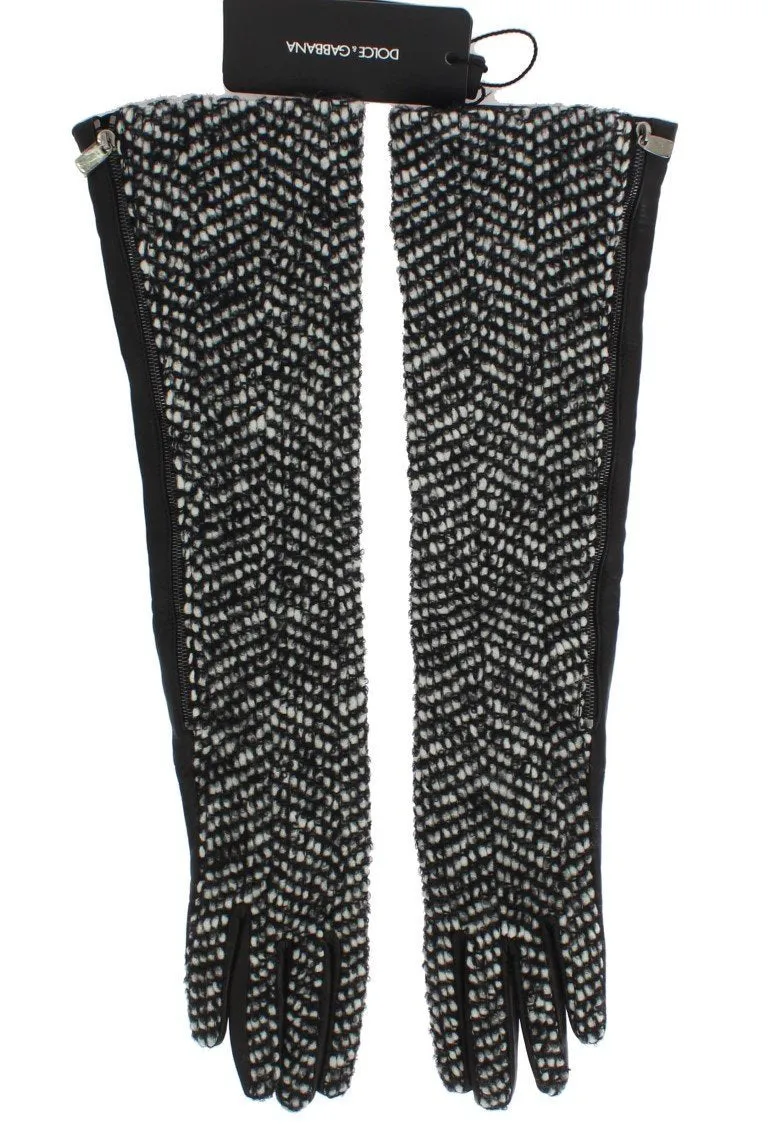 Black White Leather Wool Elbow Gloves