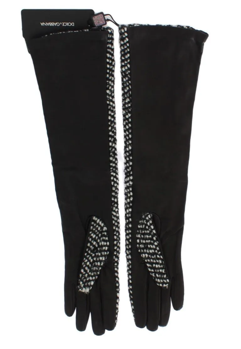 Black White Leather Wool Elbow Gloves