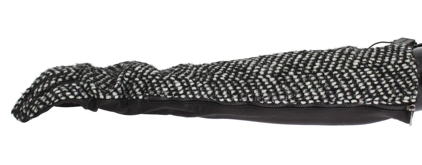 Black White Leather Wool Elbow Gloves