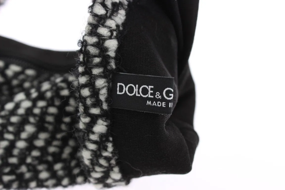 Black White Leather Wool Elbow Gloves