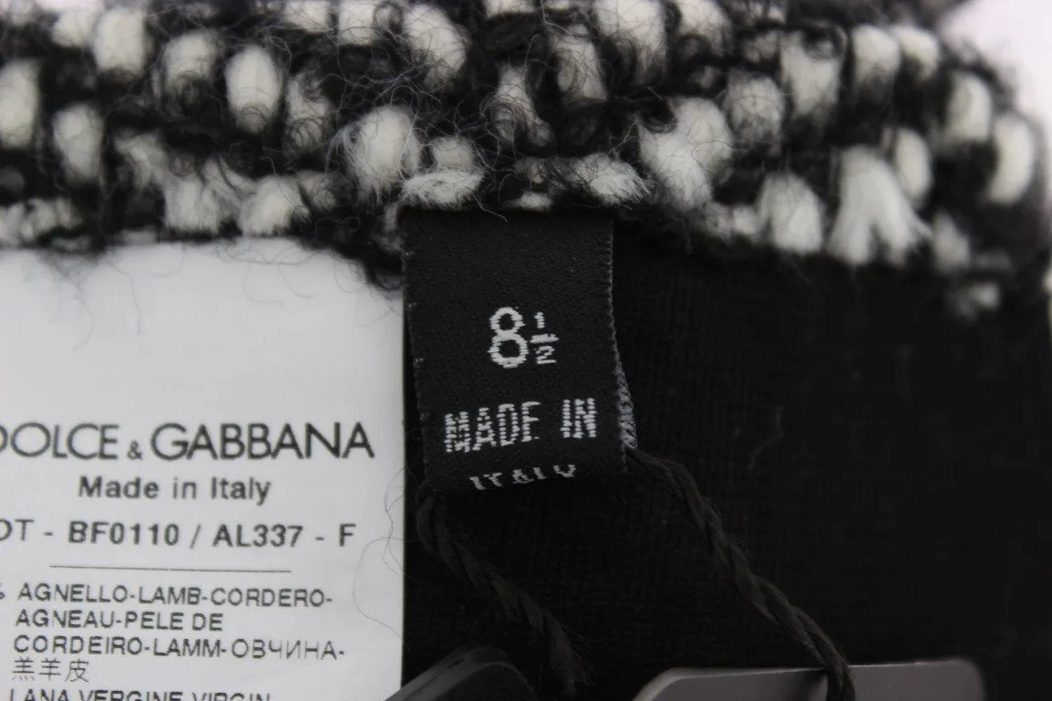 Black White Leather Wool Elbow Gloves
