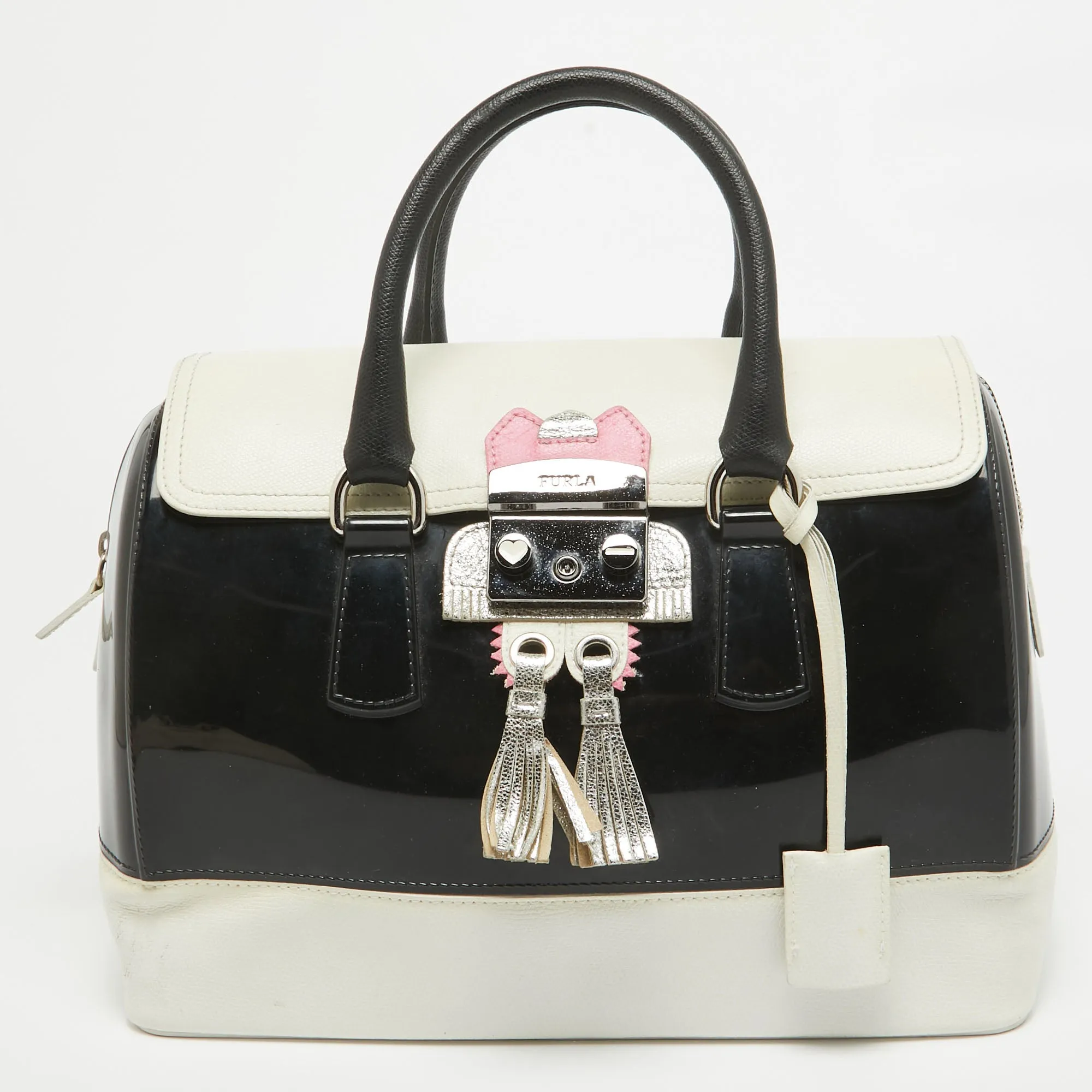 Black/White Leather and Rubber Candy Flap Satchel