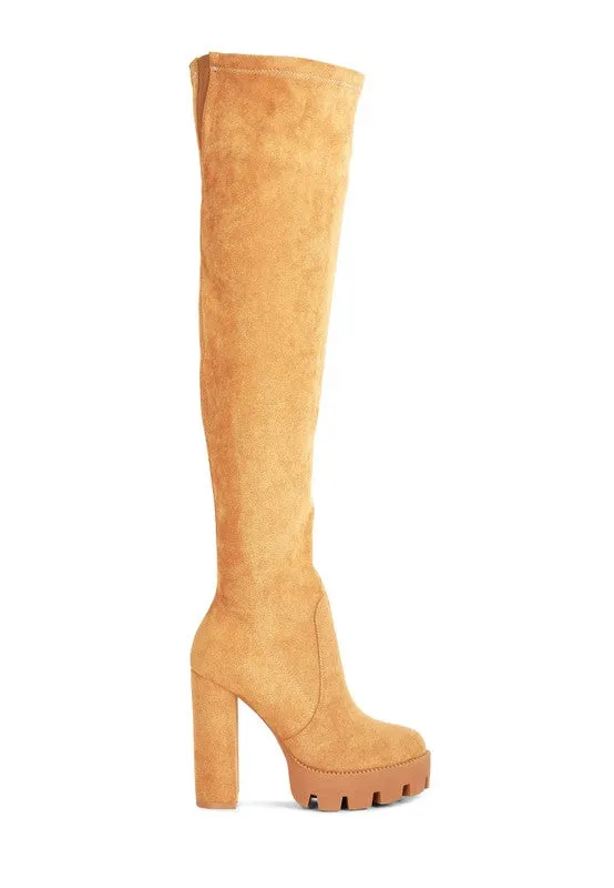 Block Heeled Faux Suede Long Boots