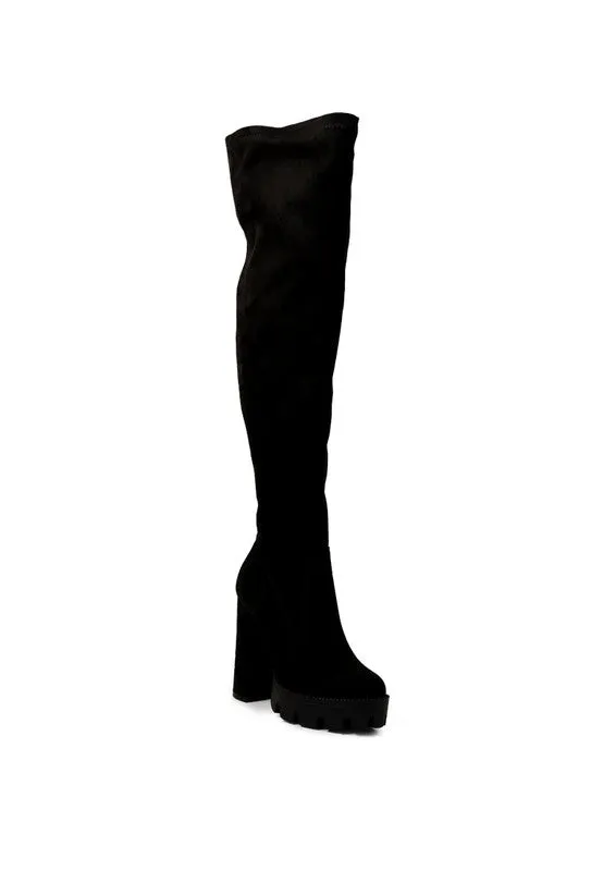 Block Heeled Faux Suede Long Boots