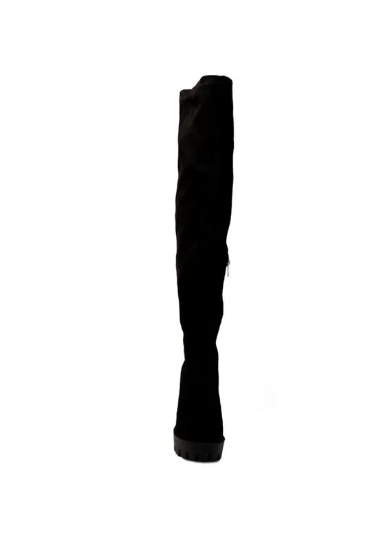 Block Heeled Faux Suede Long Boots