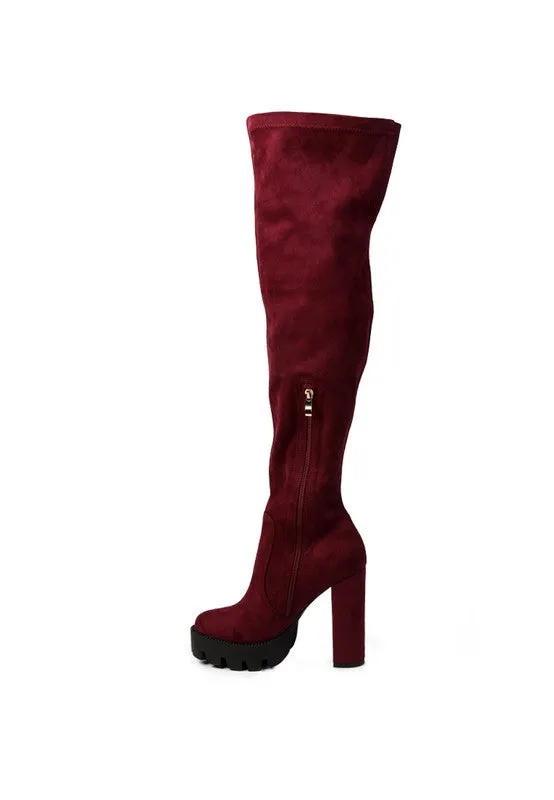 Block Heeled Faux Suede Long Boots