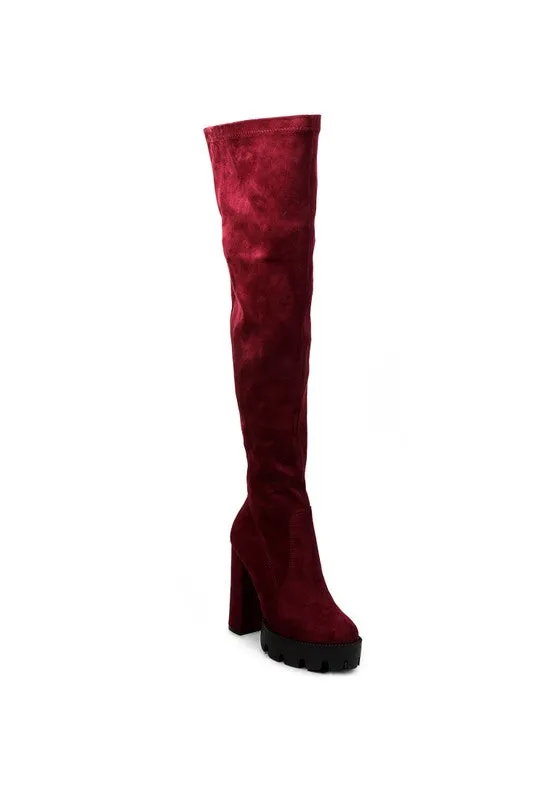 Block Heeled Faux Suede Long Boots